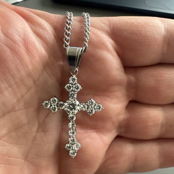 Cubic Zirconia Stainless Steel Cross Pendant Viking Gift Trendy 24” Necklace - Picture 5 of 6